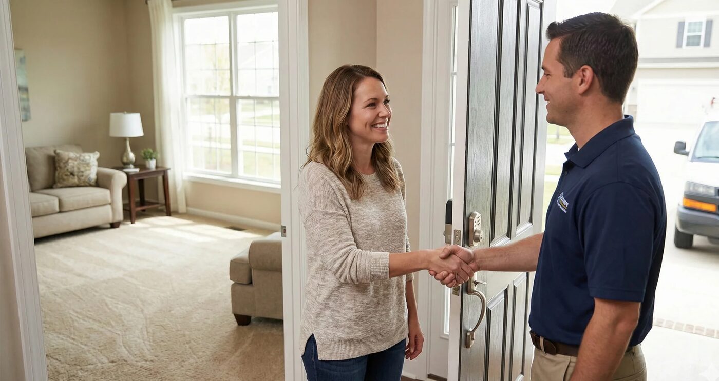 Carpet cleaning professional greeting customer